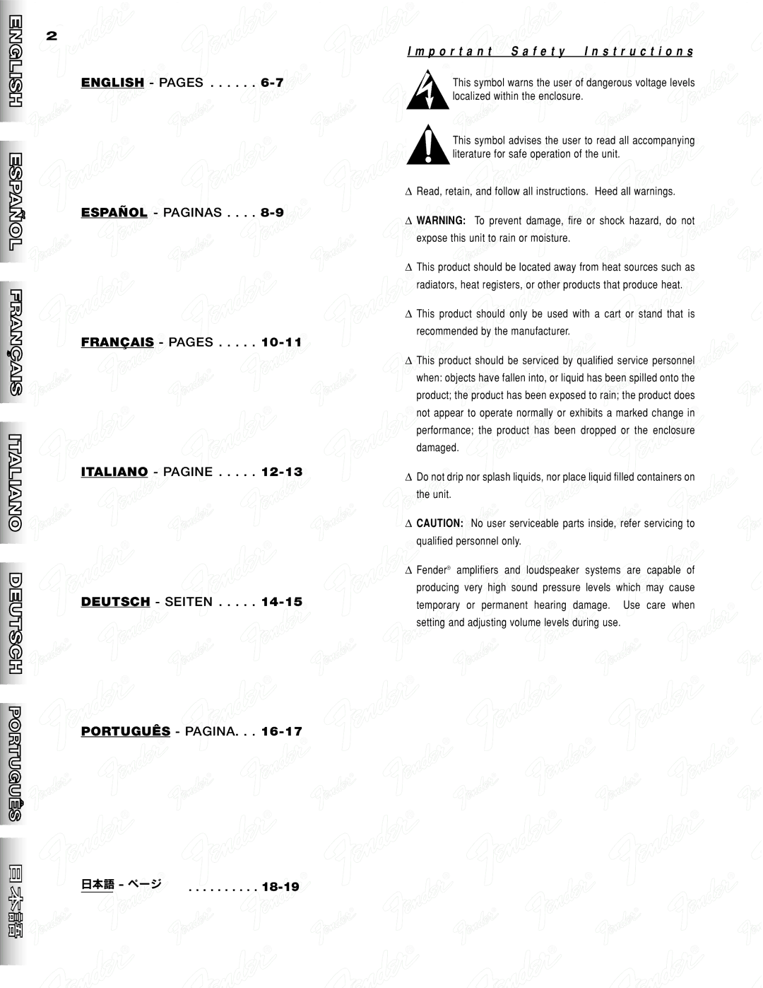 Fender 410 manual Português Pagina, P o r t a n t F e t y S t r u c t i o n s 