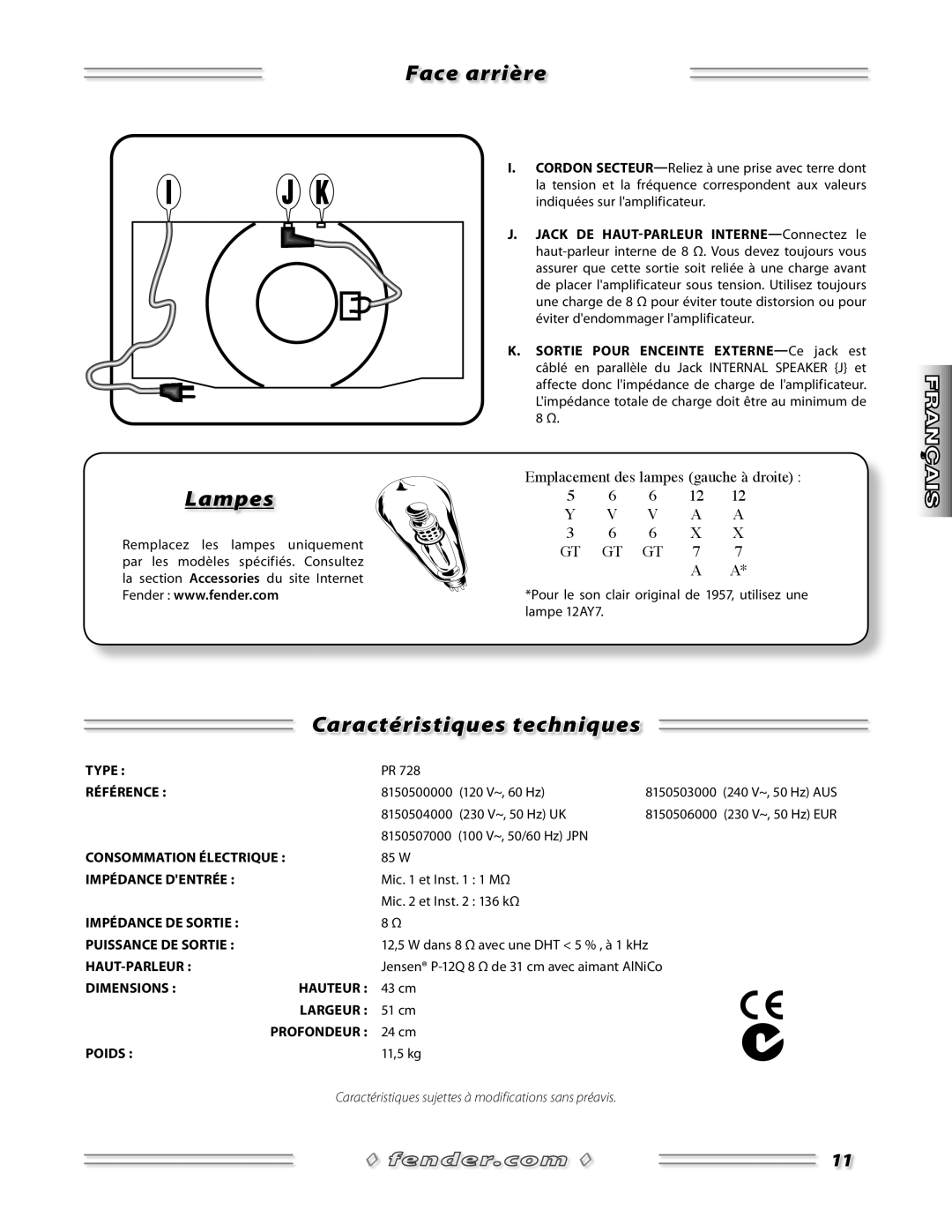 Fender 57 Deluxe Amp manual Lampes Face arrière, Caractéristiques techniques 