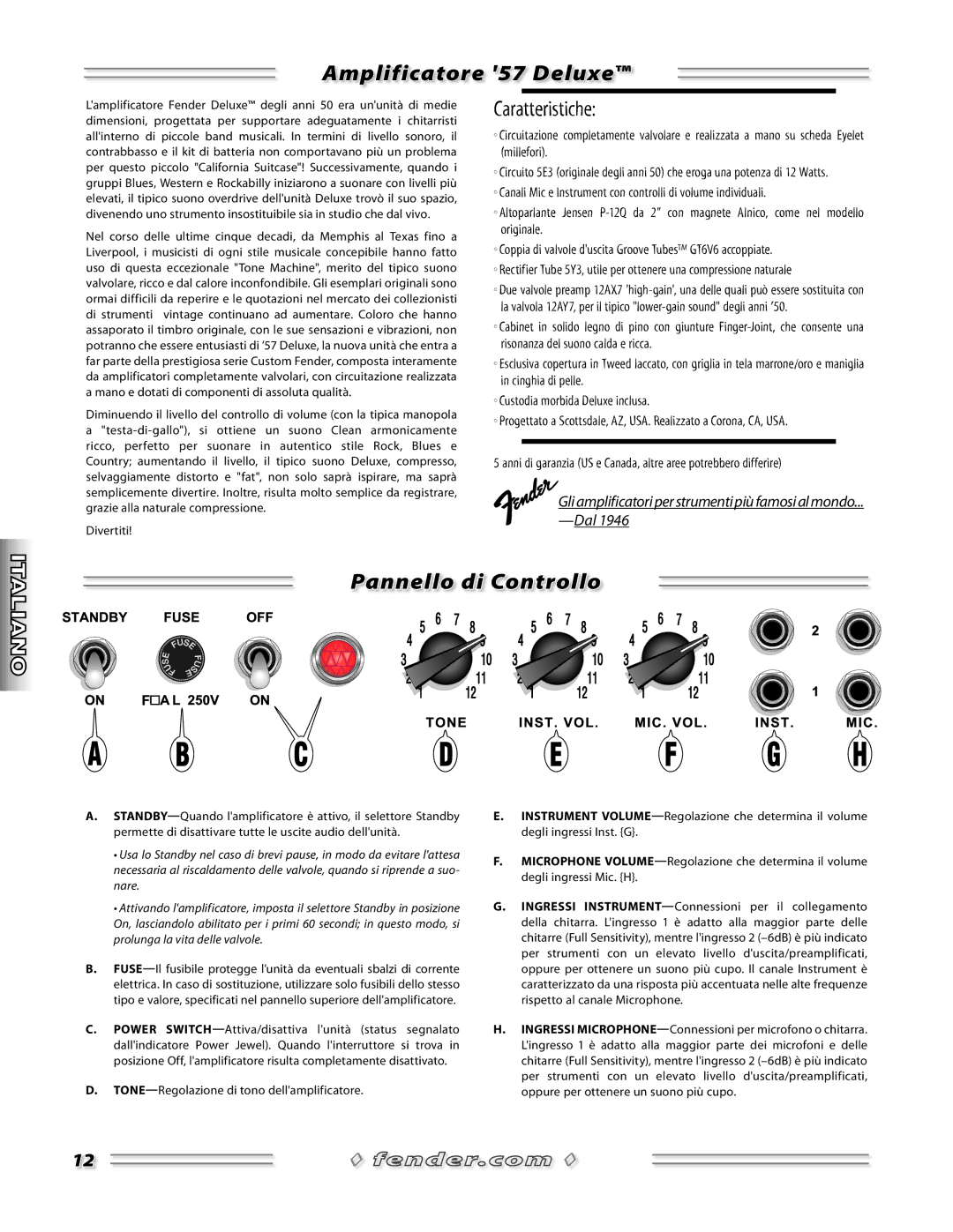 Fender 57 Deluxe Amp manual Amplificatore 57 deluxe, Caratteristiche, Pannello di controllo 