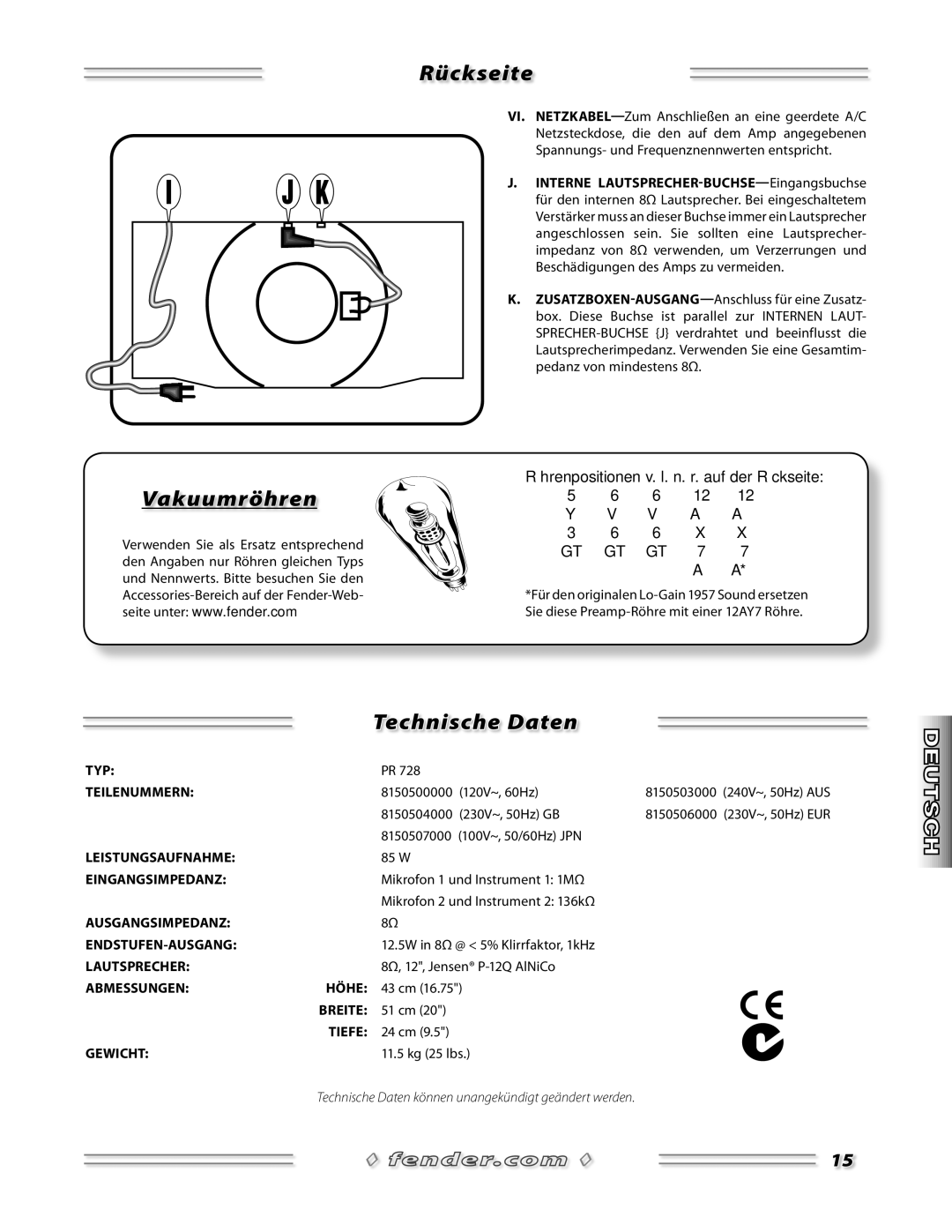 Fender 57 Deluxe Amp manual Rückseite, Vakuumröhren, Technische daten 