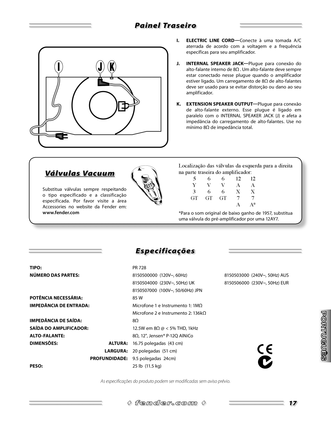 Fender 57 Deluxe Amp manual Painel traseiro, Válvulas Vacuum, Especificações 