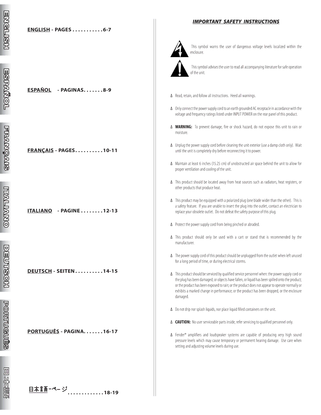 Fender 57 Deluxe Amp manual Important Safety Instructions 