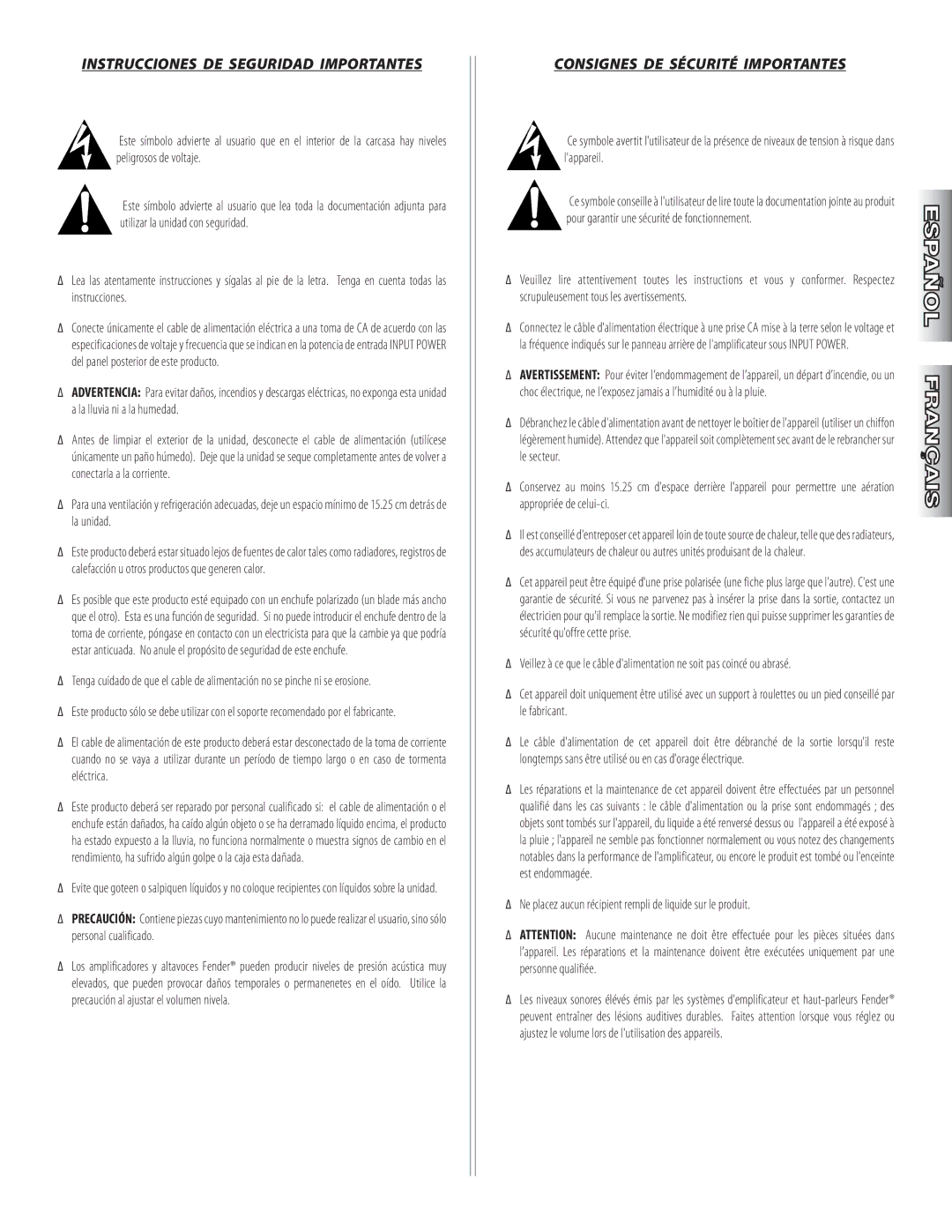 Fender 57 Deluxe Amp manual Instrucciones de Seguridad Importantes, Consignes de Sécurité Importantes 