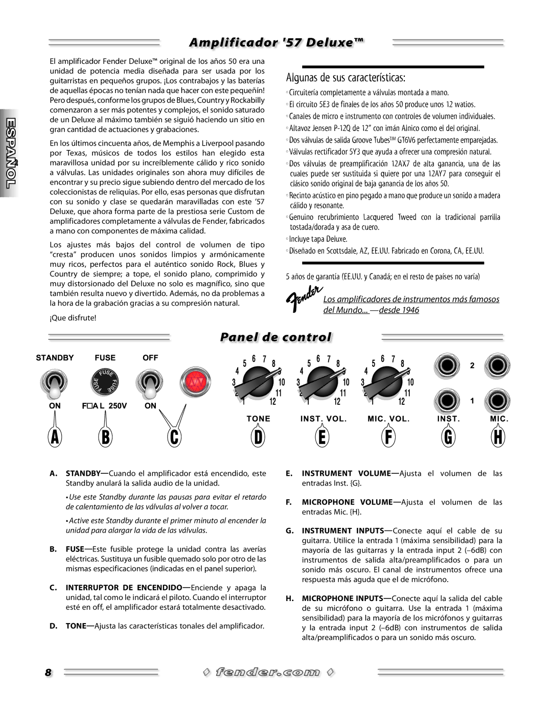 Fender 57 Deluxe Amp manual Amplificador 57 deluxe, Algunas de sus características, Panel de control 