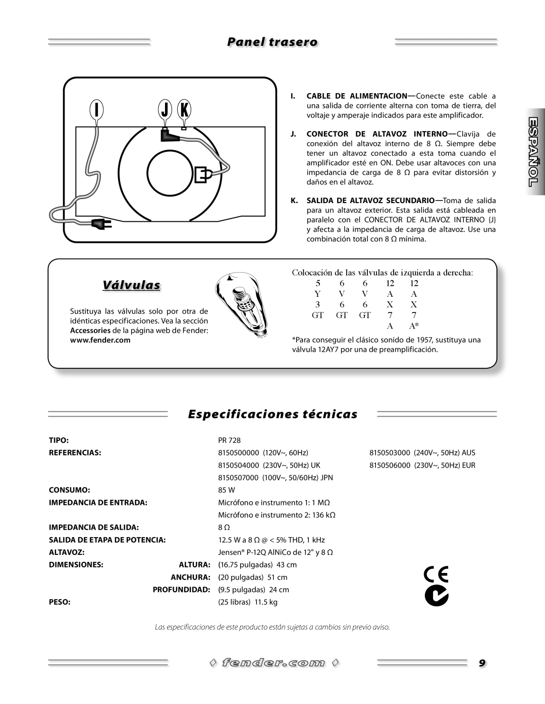 Fender 57 Deluxe Amp manual Panel trasero Válvulas, Especificaciones técnicas 