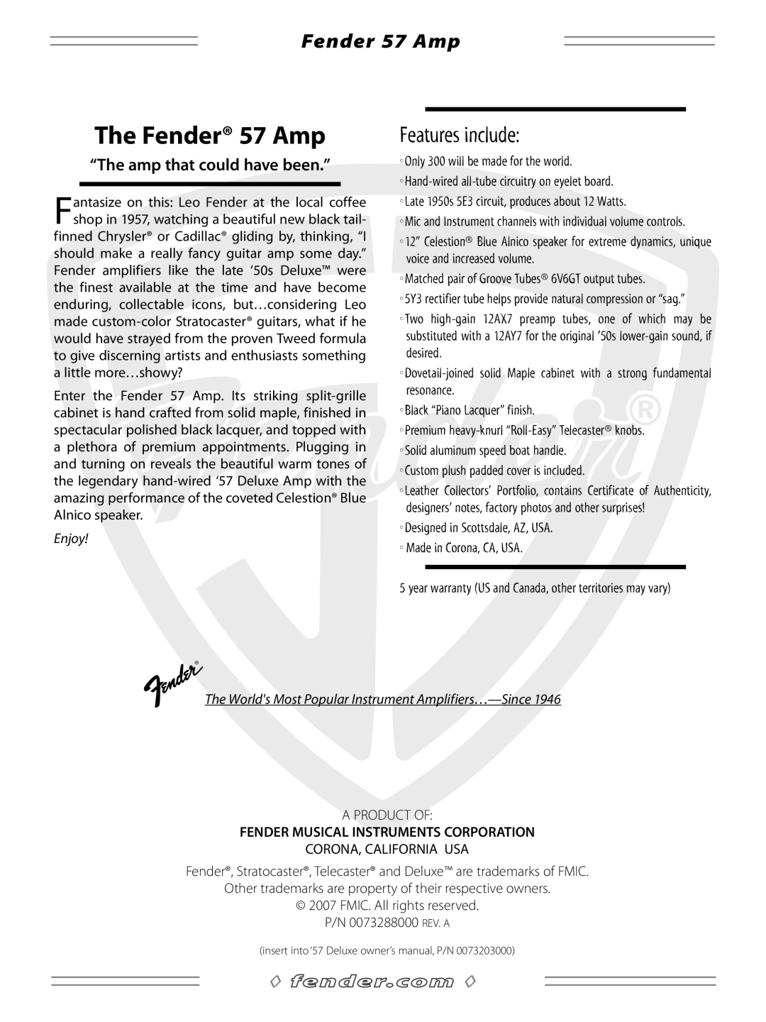 Fender owner manual Enjoy, The Worlds Most Popular Instrument Amplifiers…-Since, The Fender 57 Amp 