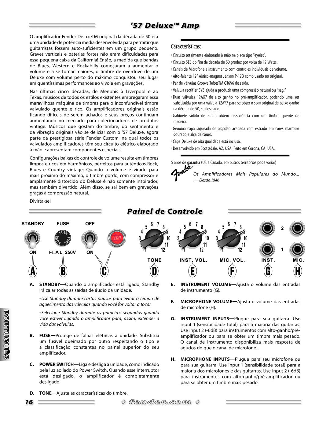 Fender 57 owner manual Painel de Controle, Deluxe Amp, Características, Os Amplificadores Mais Populares do Mundo 