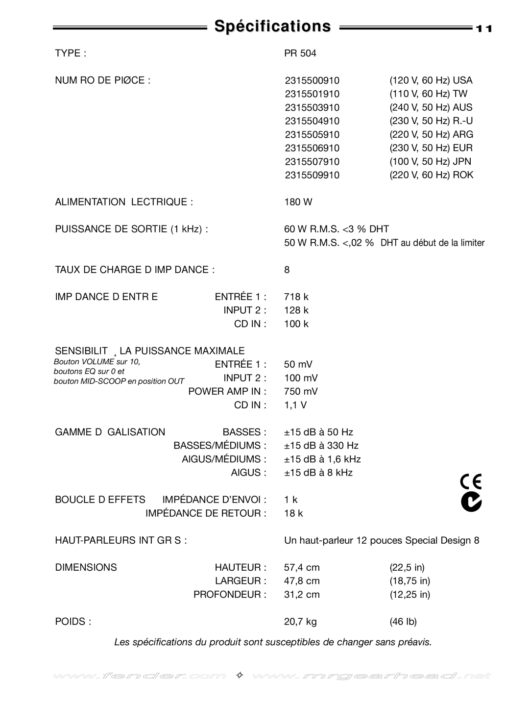 Fender 60 manual Spécifications 