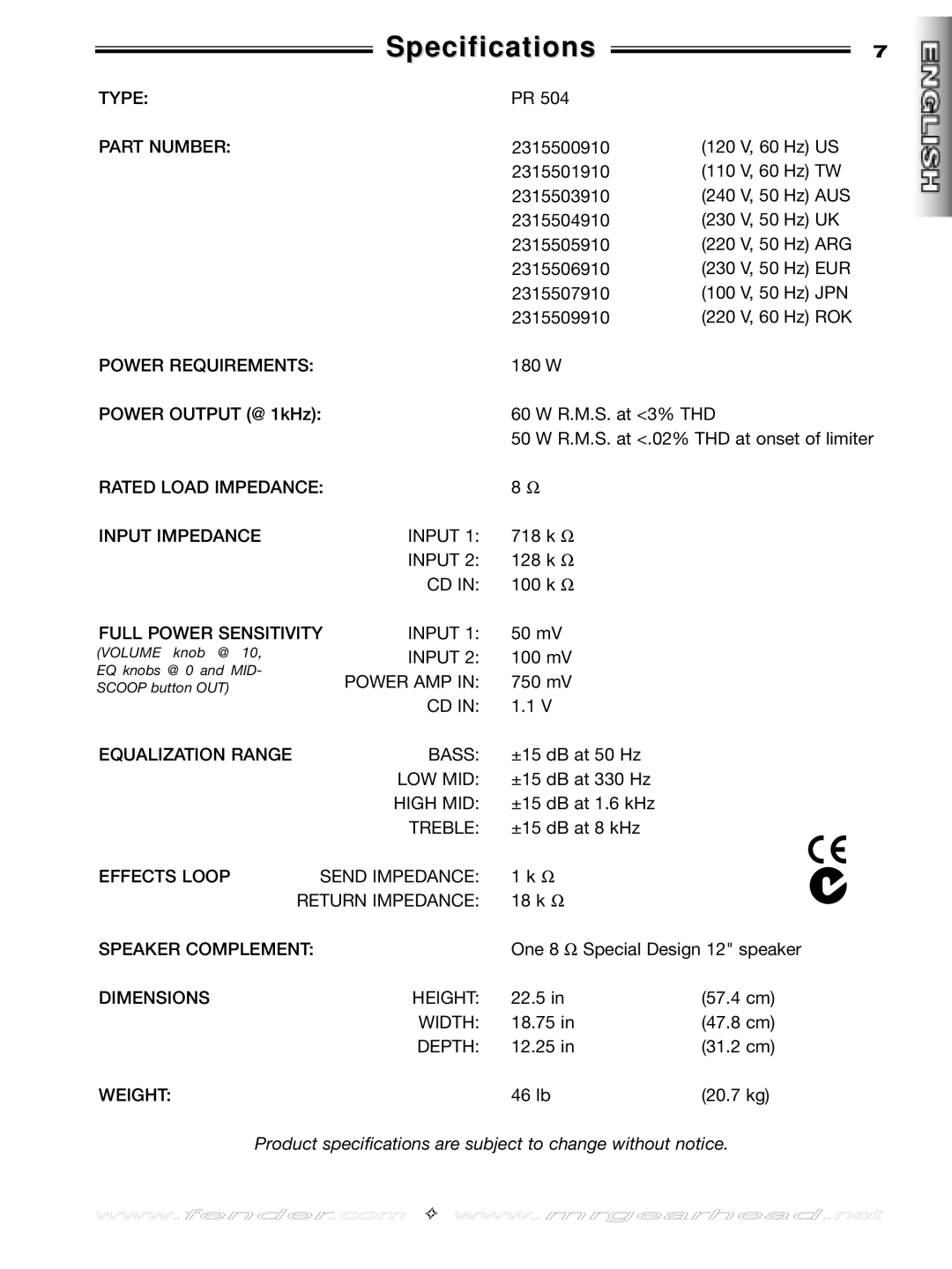 Fender 60 manual Specifications 