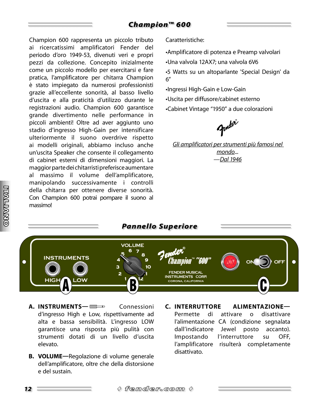 Fender 600 manual Pannello Superiore, INSTRUMENTS- Connessioni 