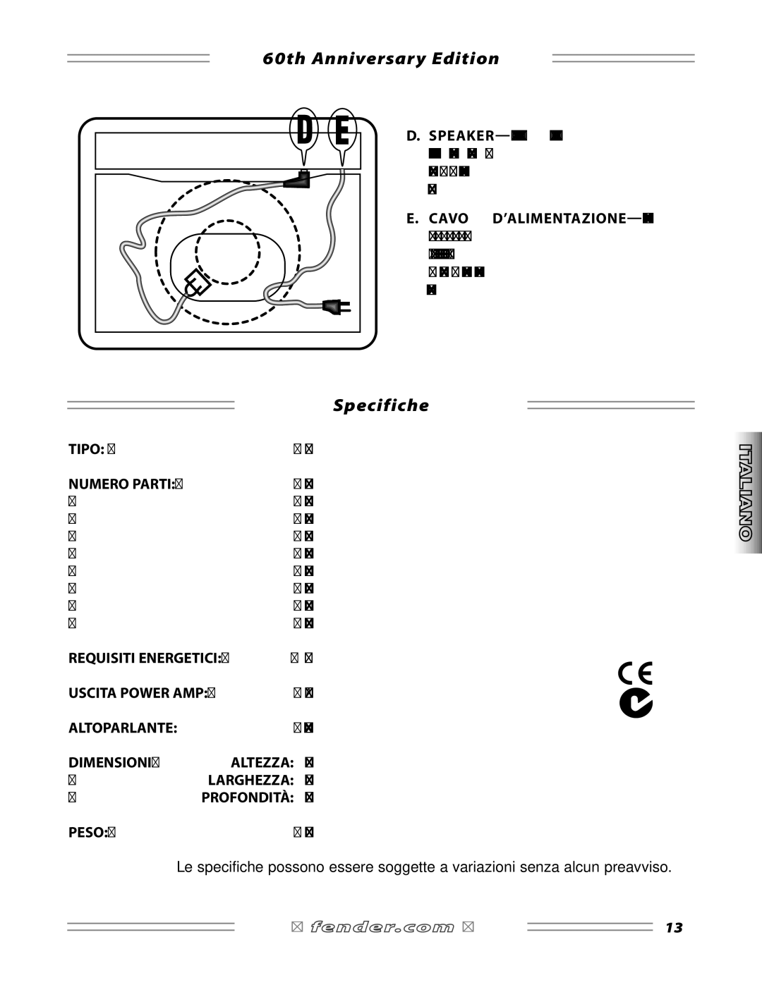 Fender 600 manual Specifiche 