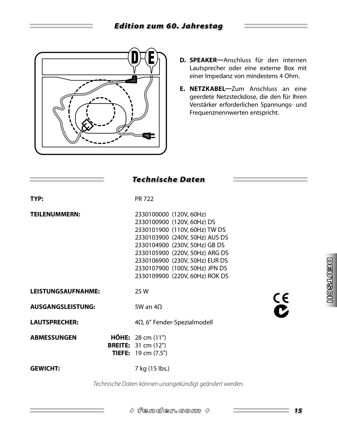 Fender 600 manual Edition zum 60. Jahrestag, Technische Daten 