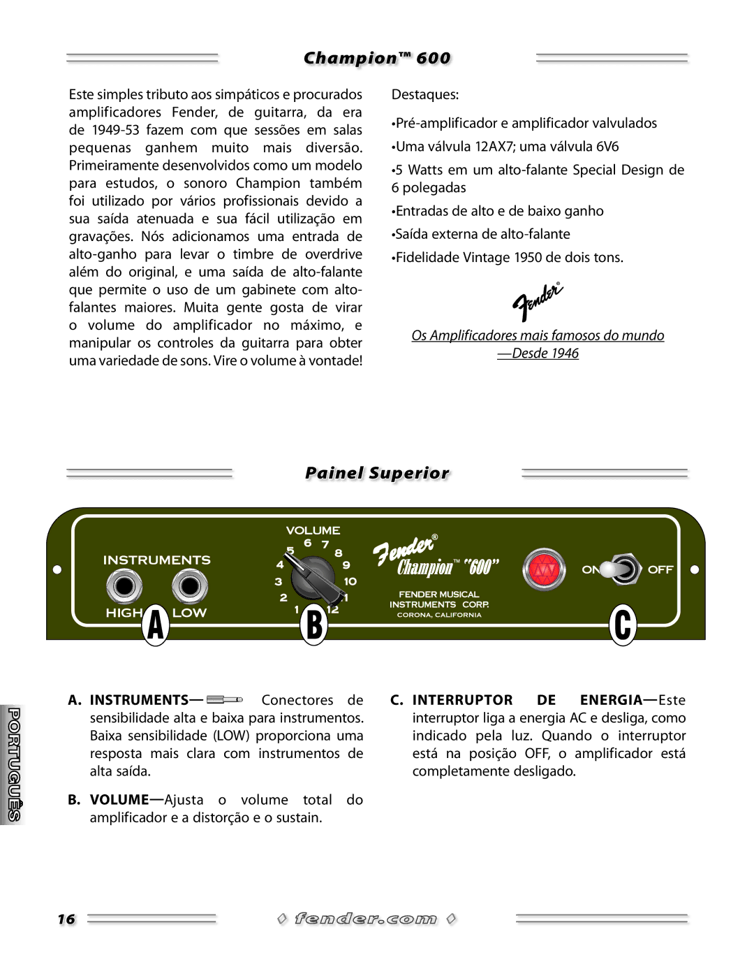 Fender 600 manual Painel Superior, INSTRUMENTS- Conectores de 