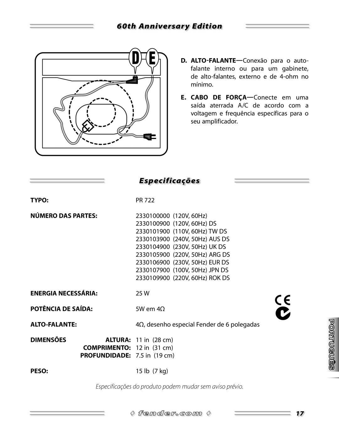 Fender 600 manual Especificações 