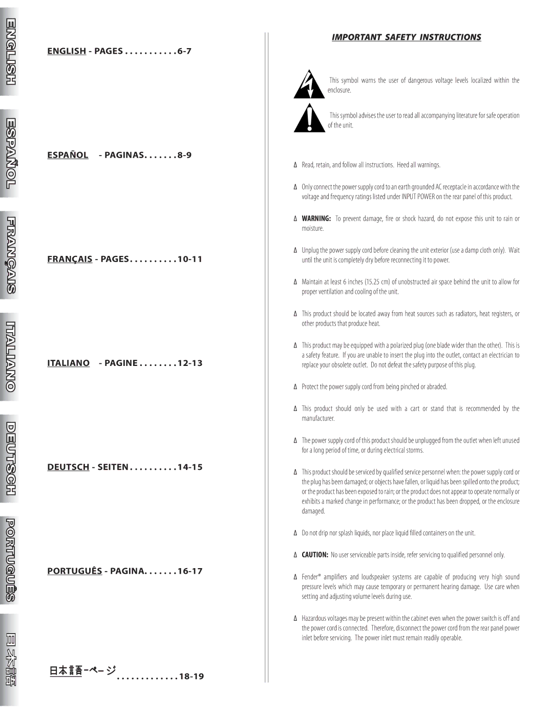 Fender 600 manual Important Safety Instructions 