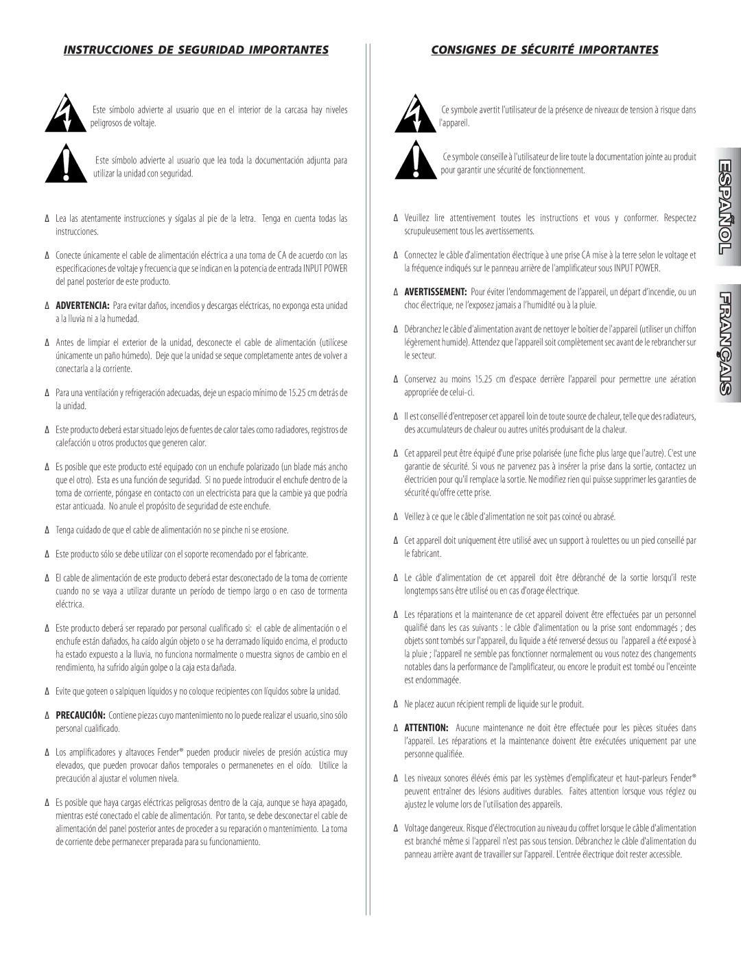 Fender 600 manual Instrucciones de Seguridad Importantes, Consignes de Sécurité Importantes 