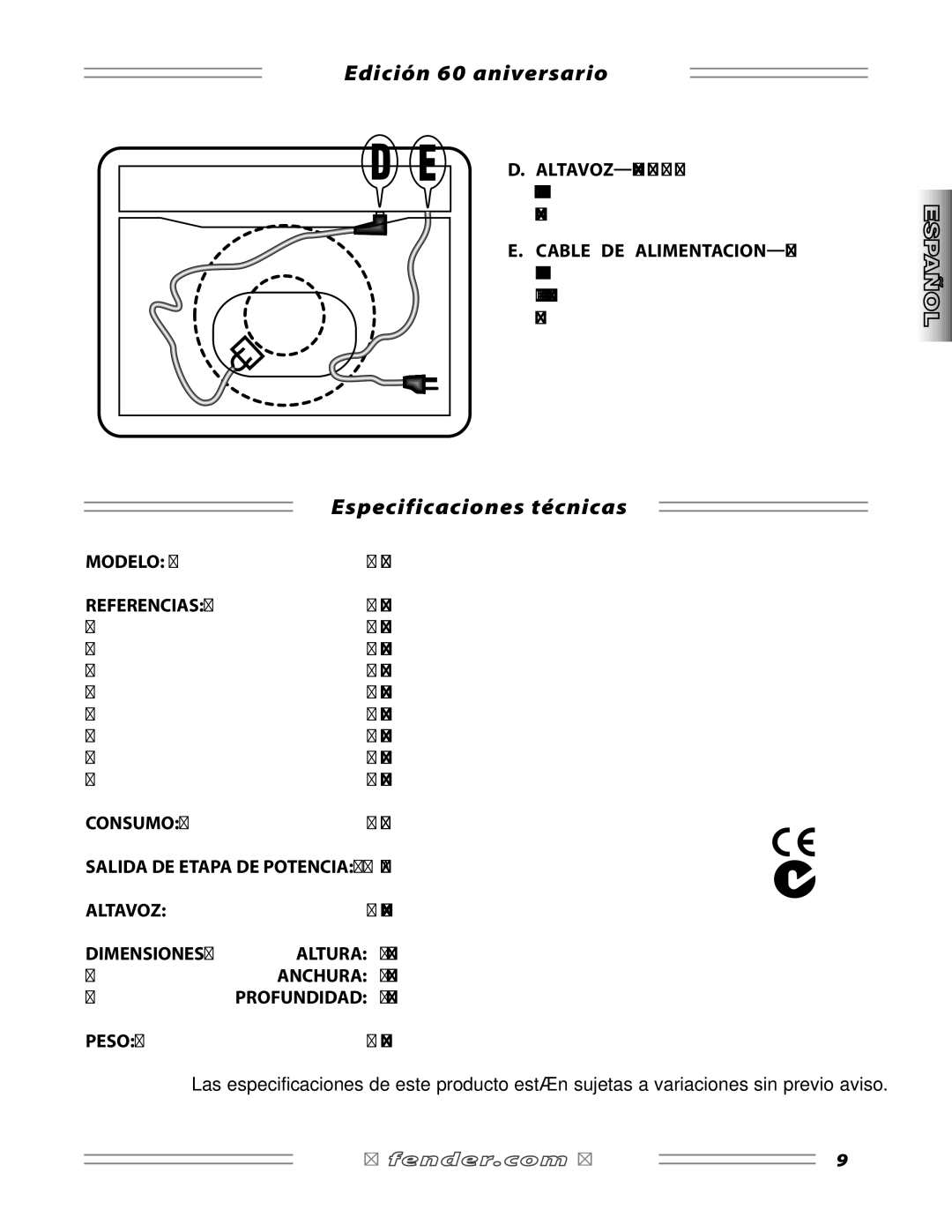 Fender 600 manual Edición 60 aniversario, Especificaciones técnicas 