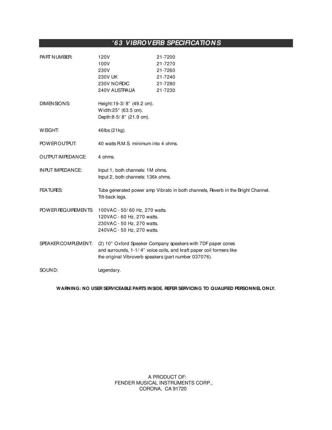 Fender owner manual ‘63 Vibroverb Specifications 