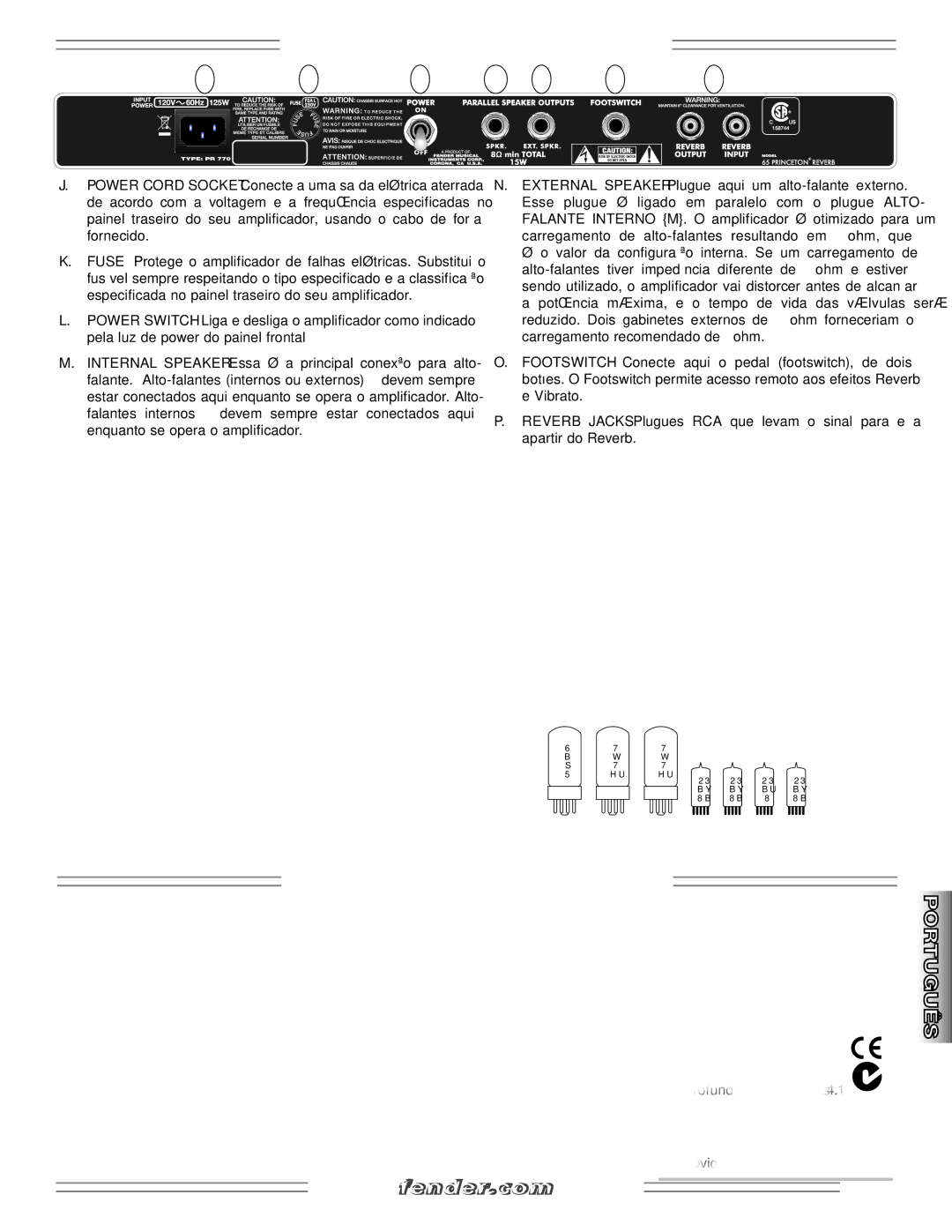 Fender 65 Princeton manual Painel Traseiro, Válvulas Vacuum, Especificações 