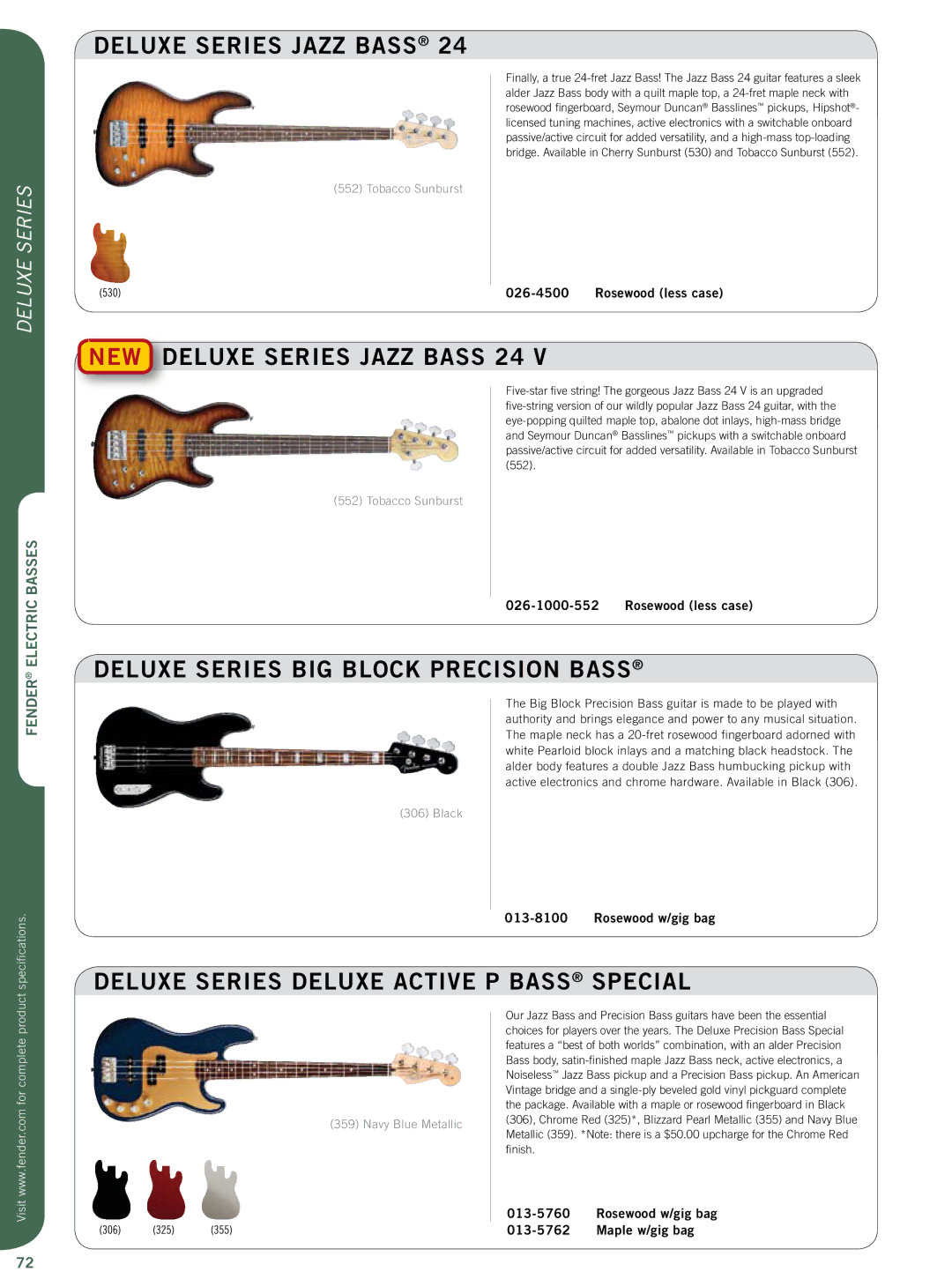 Fender Artist Series specifications New Deluxe Series Jazz Bass 24, Deluxe Series BIG Block Precision Bass 