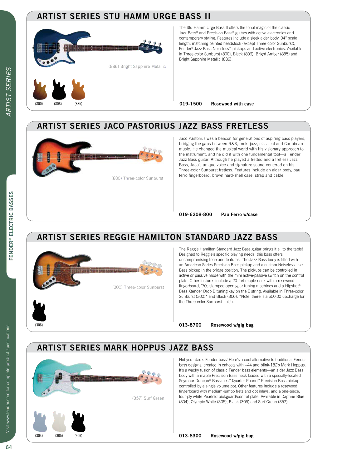 Fender specifications Artist Series STU Hamm Urge Bass, Artist Series Jaco Pastorius Jazz Bass Fretless 