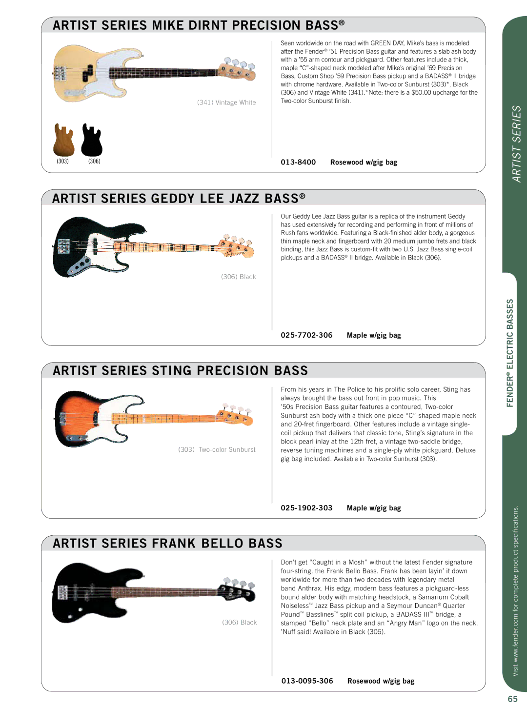 Fender Artist Series Mike Dirnt Precision Bass, Artist Series Geddy LEE Jazz Bass, Artist Series Sting Precision Bass 