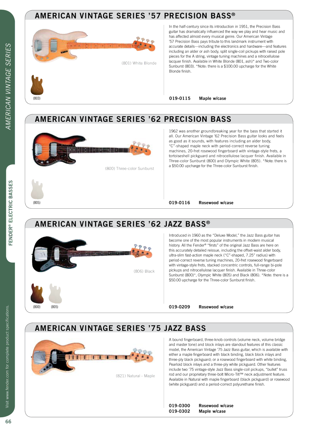 Fender Artist Series specifications American Vintage Series ’57 Precision Bass, American Vintage Series ’62 Precision Bass 