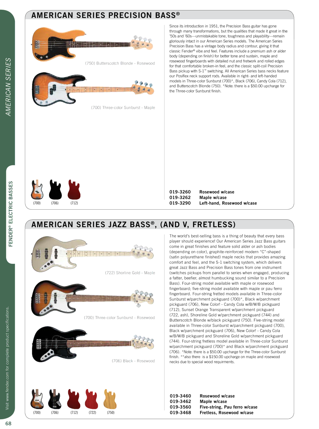 Fender Artist Series specifications American Series Precision Bass, American Series Jazz BASS, and V, Fretless 