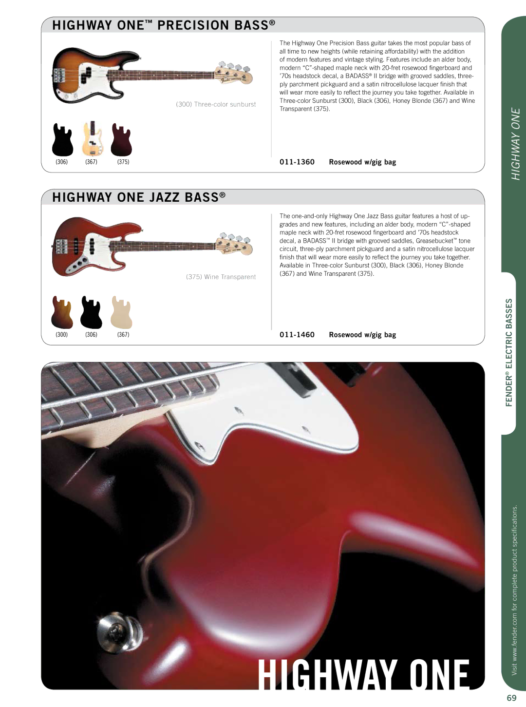 Fender Artist Series specifications Highway ONE Precision Bass, Highway ONE Jazz Bass, Wine Transparent 