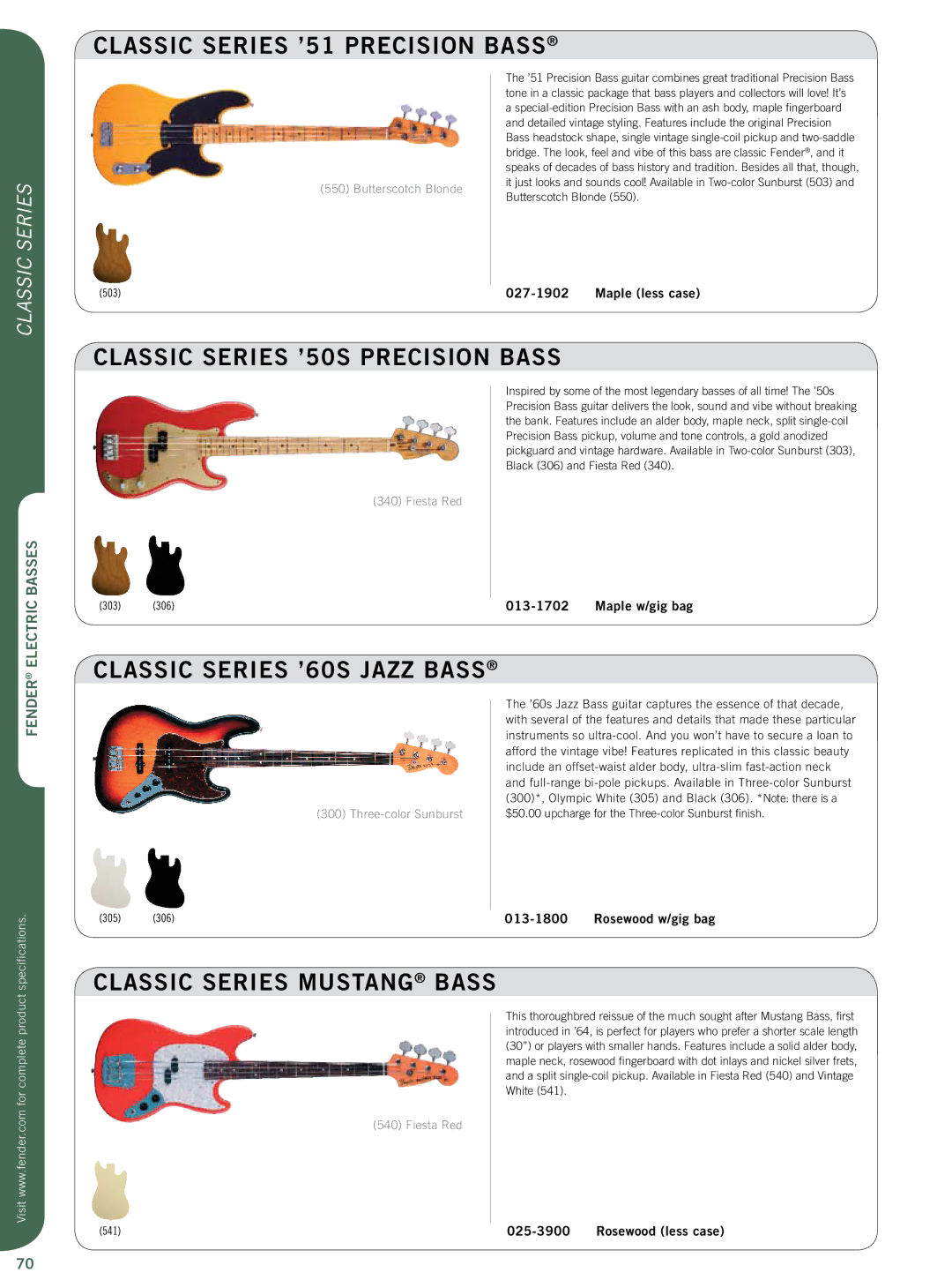 Fender Artist Series Classic Series ’51 Precision Bass, Classic Series ’50s Precision Bass, Classic Series ’60s Jazz Bass 