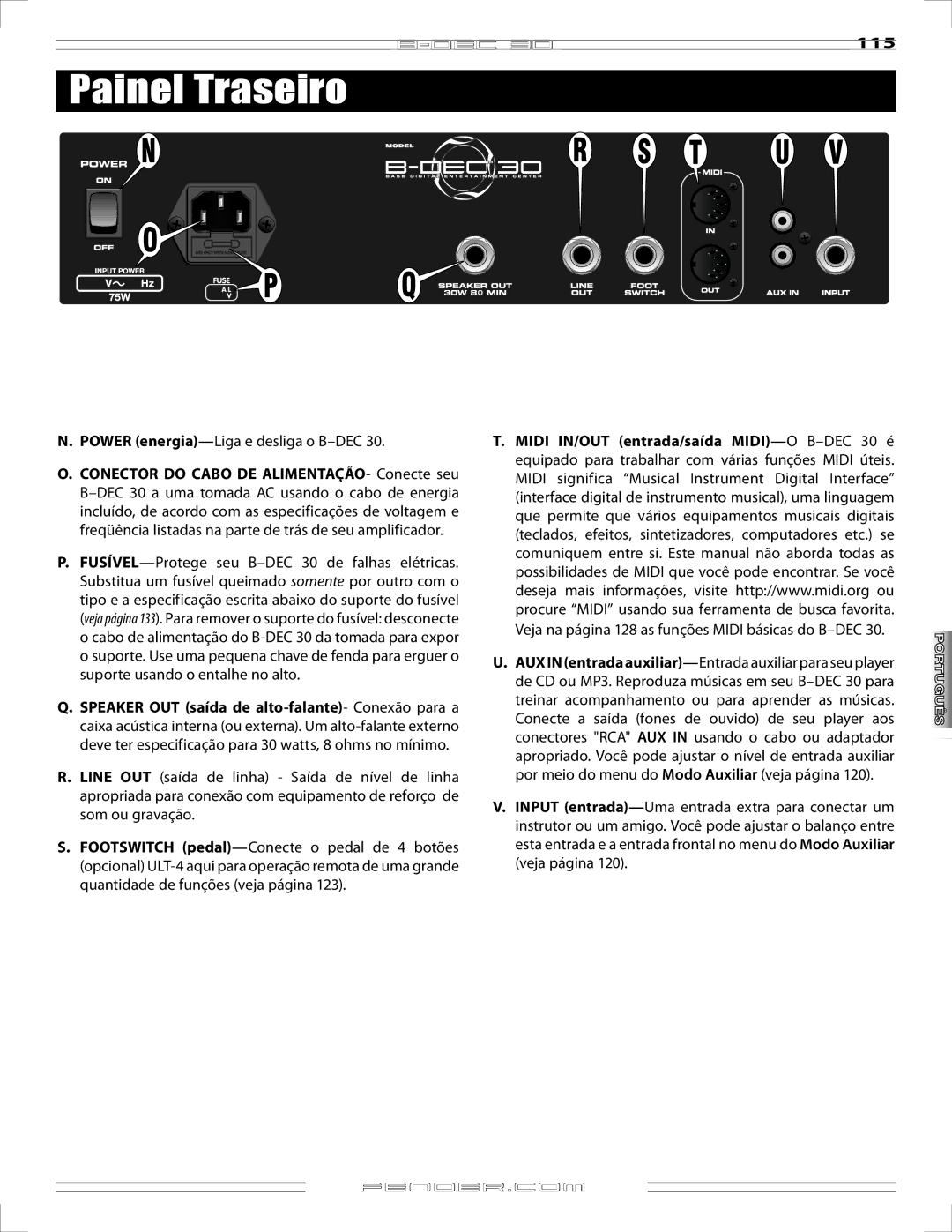 Fender B-DEC 30 manual Painel Traseiro, Power energia-Liga e desliga o B-DEC 