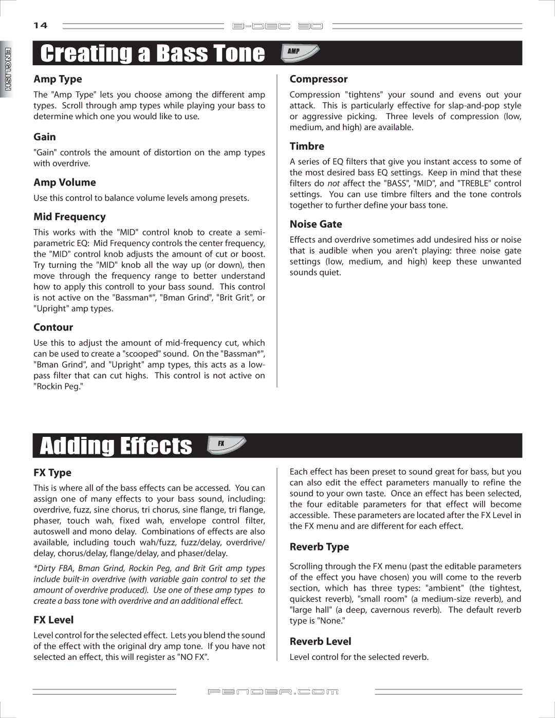 Fender B-DEC 30 manual Creating a Bass Tone, Adding Effects 