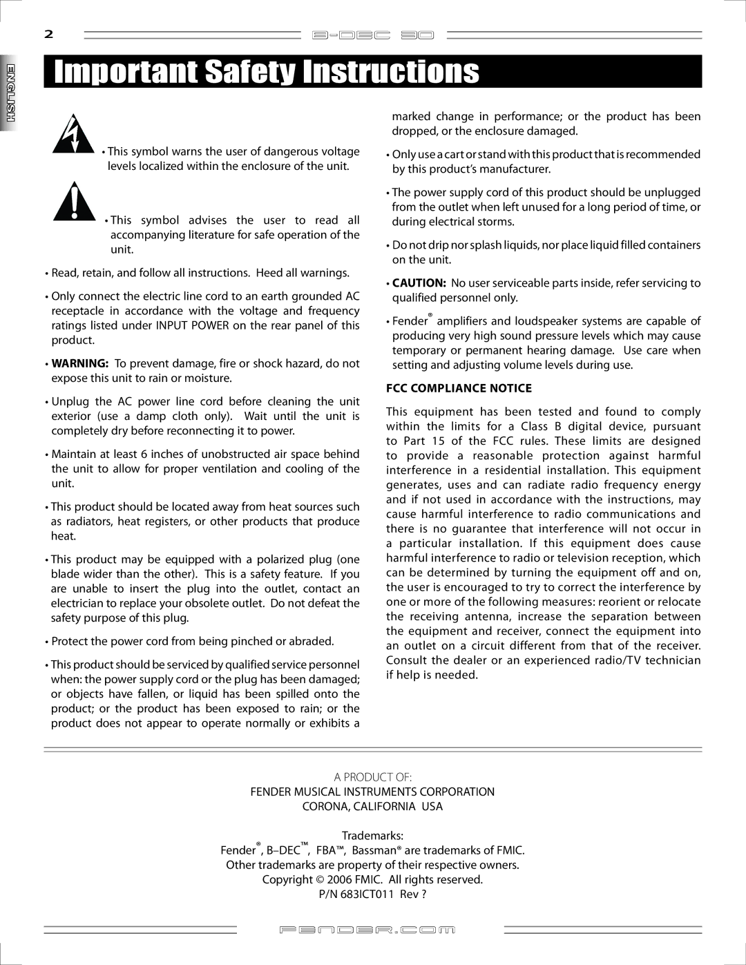 Fender B-DEC 30 manual Important Safety Instructions, FCC Compliance Notice, Trademarks 