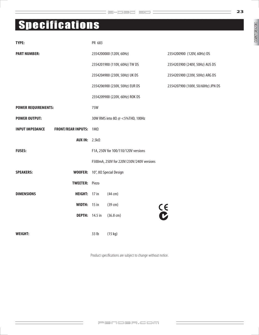 Fender B-DEC 30 manual Specifications 