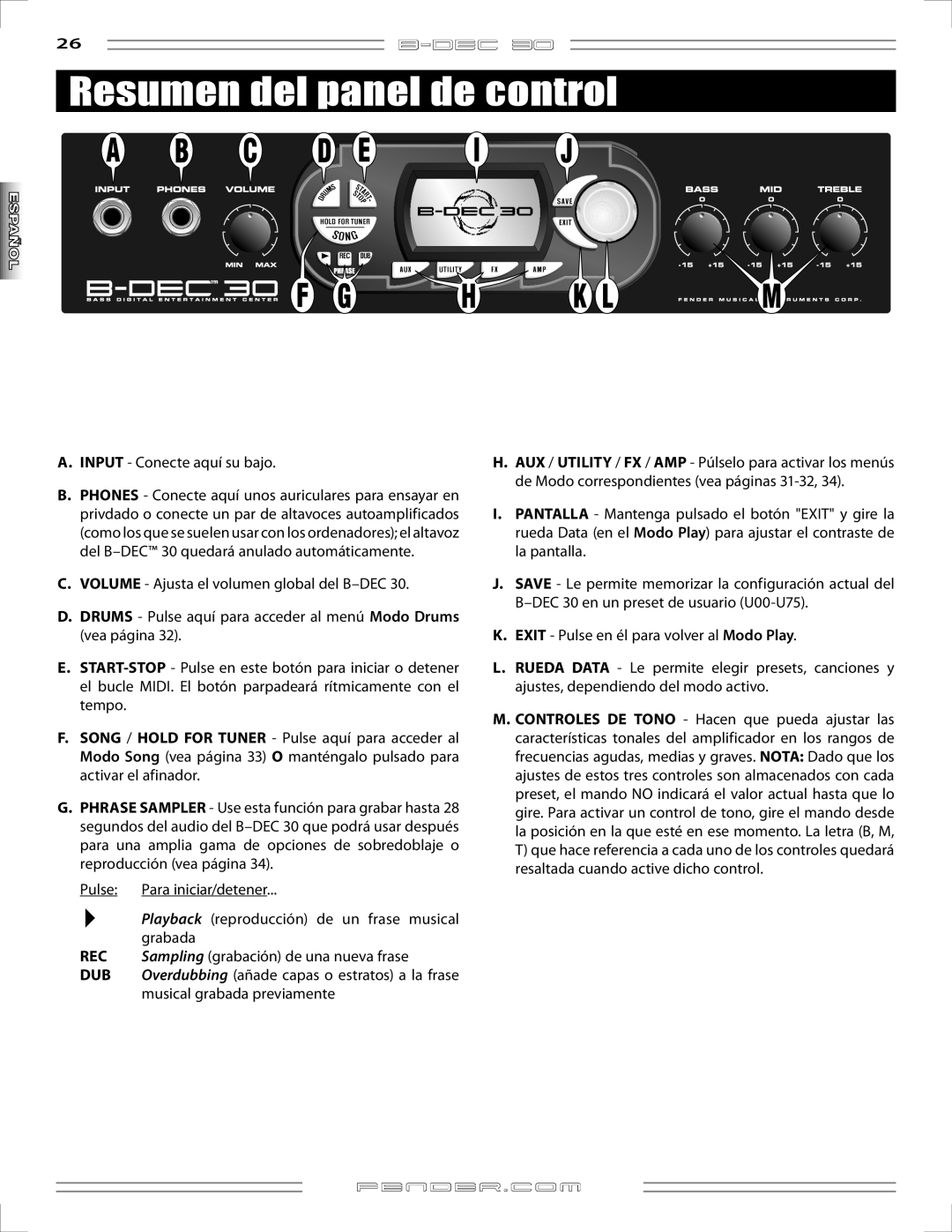 Fender B-DEC 30 manual Resumen del panel de control, Input Conecte aquí su bajo 