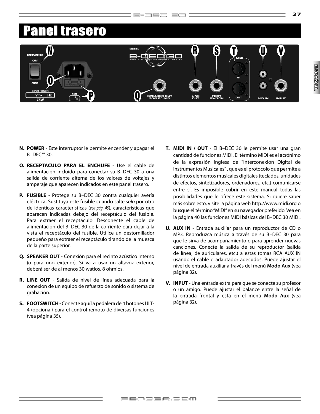 Fender B-DEC 30 manual Panel trasero, Power Este interruptor le permite encender y apagar el B-DEC 