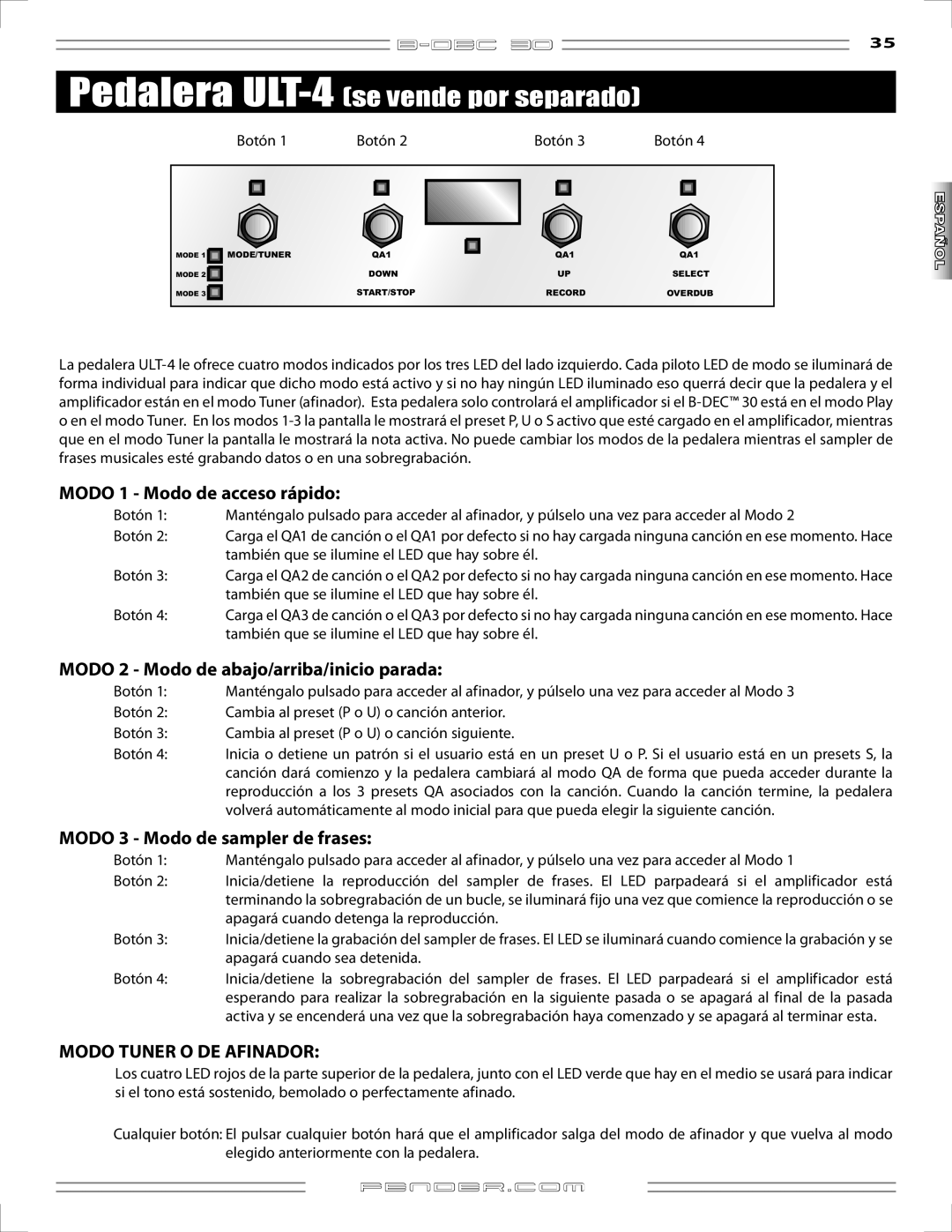 Fender B-DEC 30 Modo 1 Modo de acceso rápido, Modo 2 Modo de abajo/arriba/inicio parada, Modo 3 Modo de sampler de frases 