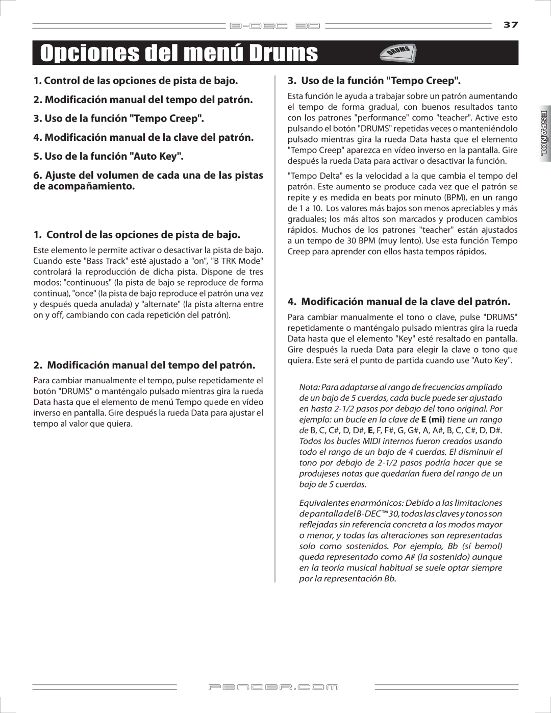 Fender B-DEC 30 Opciones del menú Drums, Modificación manual del tempo del patrón 