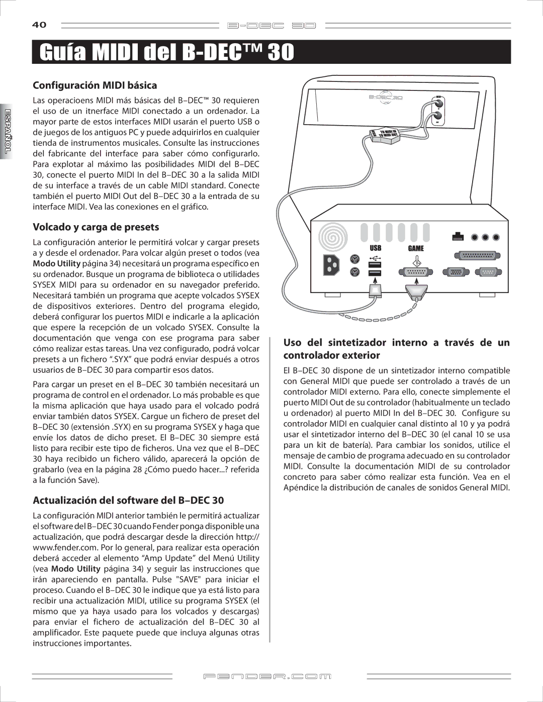 Fender B-DEC 30 manual Guía Midi del B-DEC, Configuración Midi básica, Volcado y carga de presets 