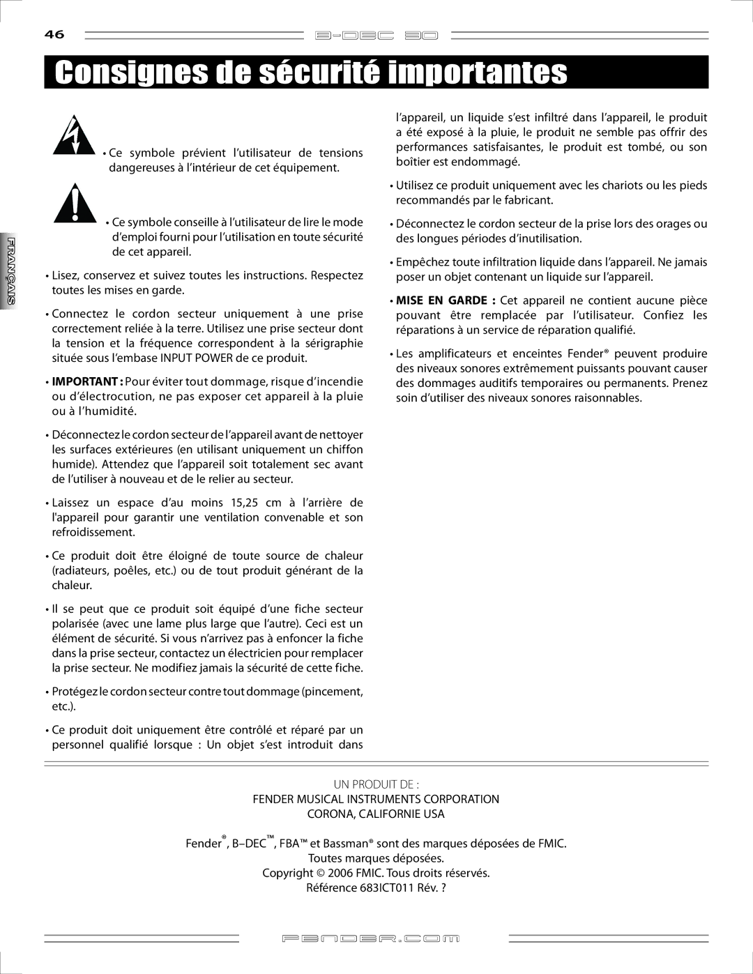 Fender B-DEC 30 manual Consignes de sécurité importantes 