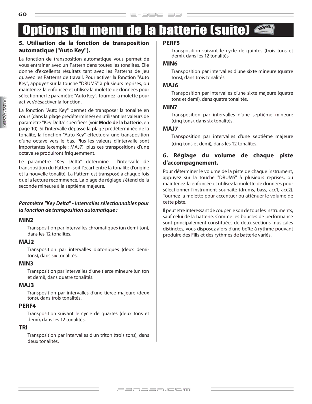 Fender B-DEC 30 manual Options du menu de la batterie suite 