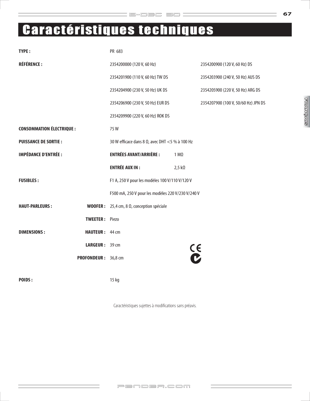 Fender B-DEC 30 manual Caractéristiques techniques 