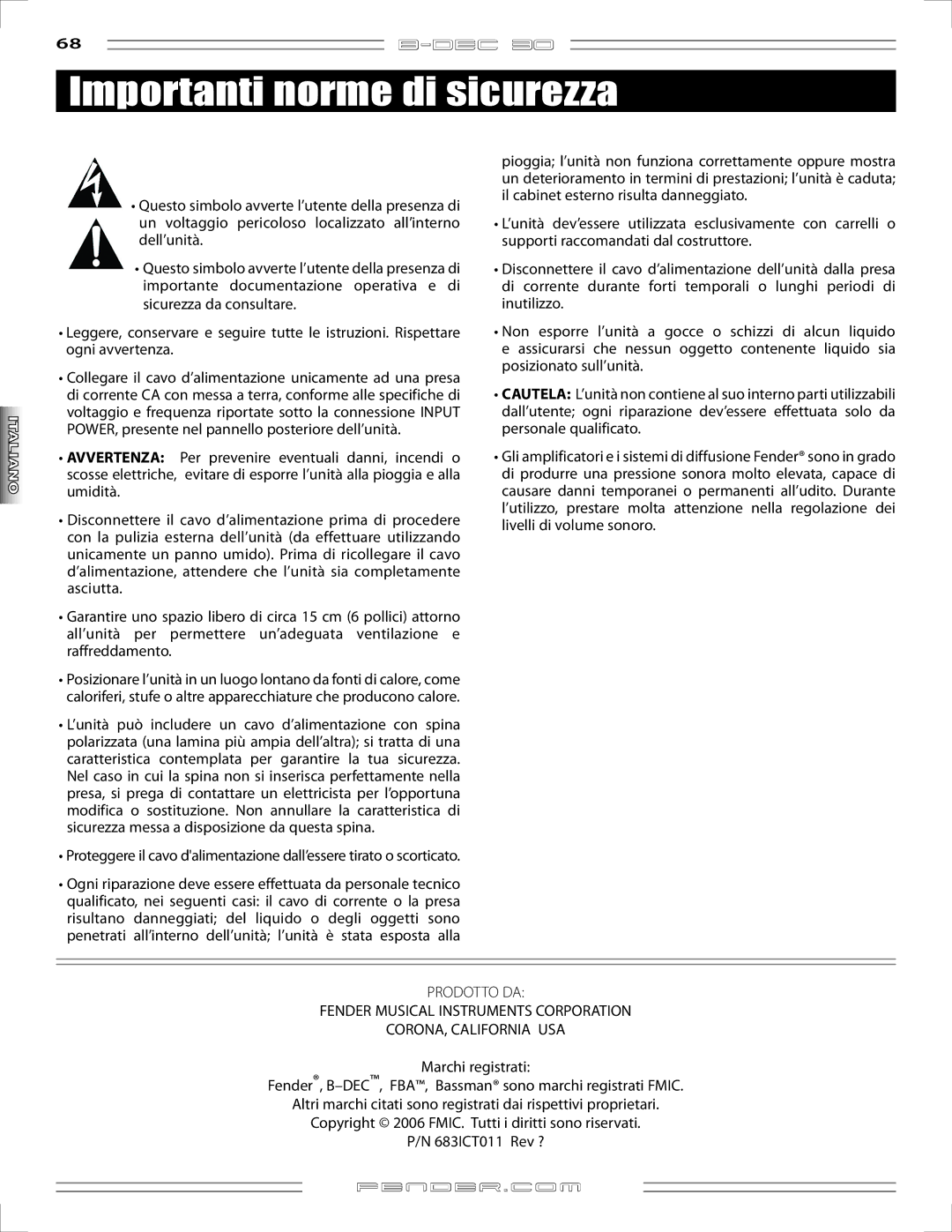 Fender B-DEC 30 manual Importanti norme di sicurezza 