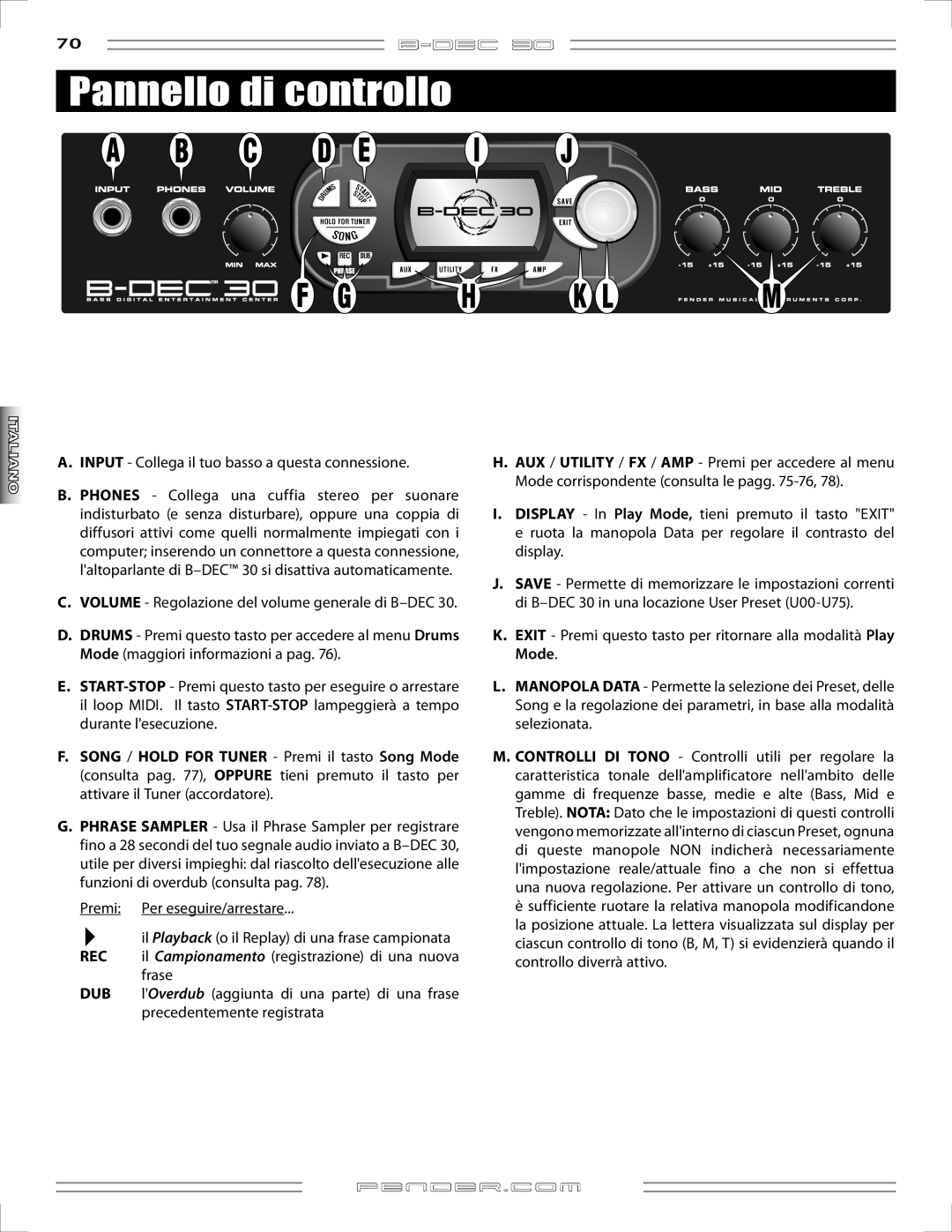 Fender B-DEC 30 manual Pannello di controllo, Input Collega il tuo basso a questa connessione 