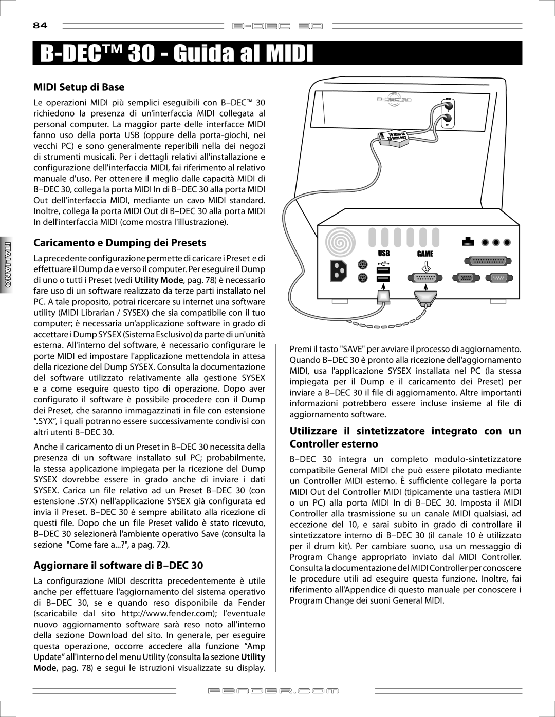 Fender B-DEC 30 manual DEC 30 Guida al Midi, Midi Setup di Base, Caricamento e Dumping dei Presets 