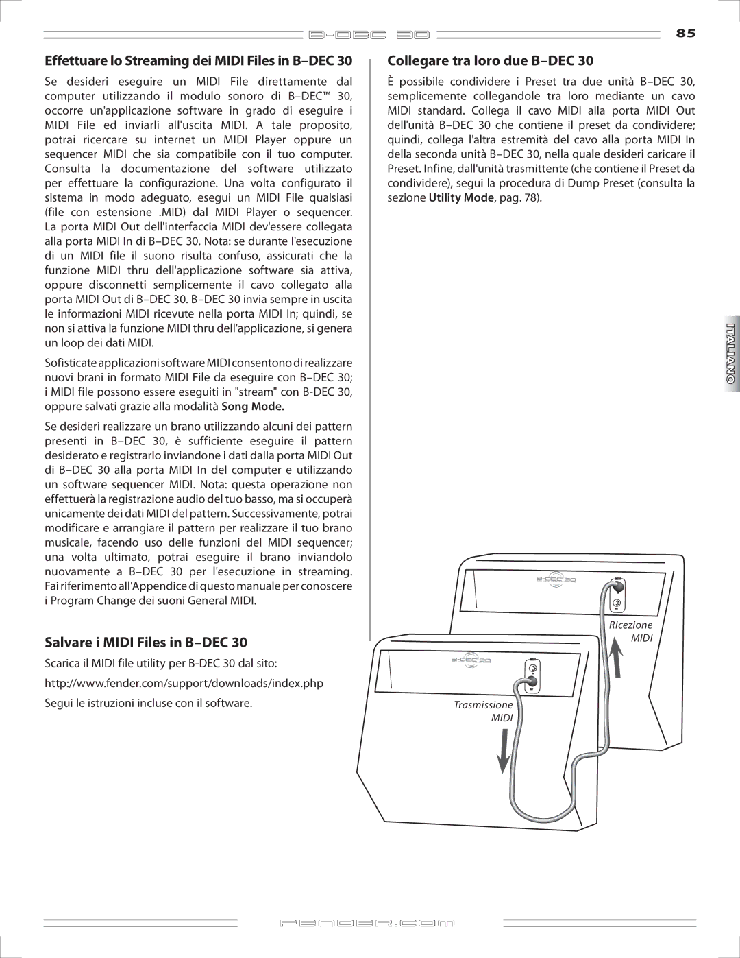 Fender B-DEC 30 manual Effettuare lo Streaming dei Midi Files in B-DEC 