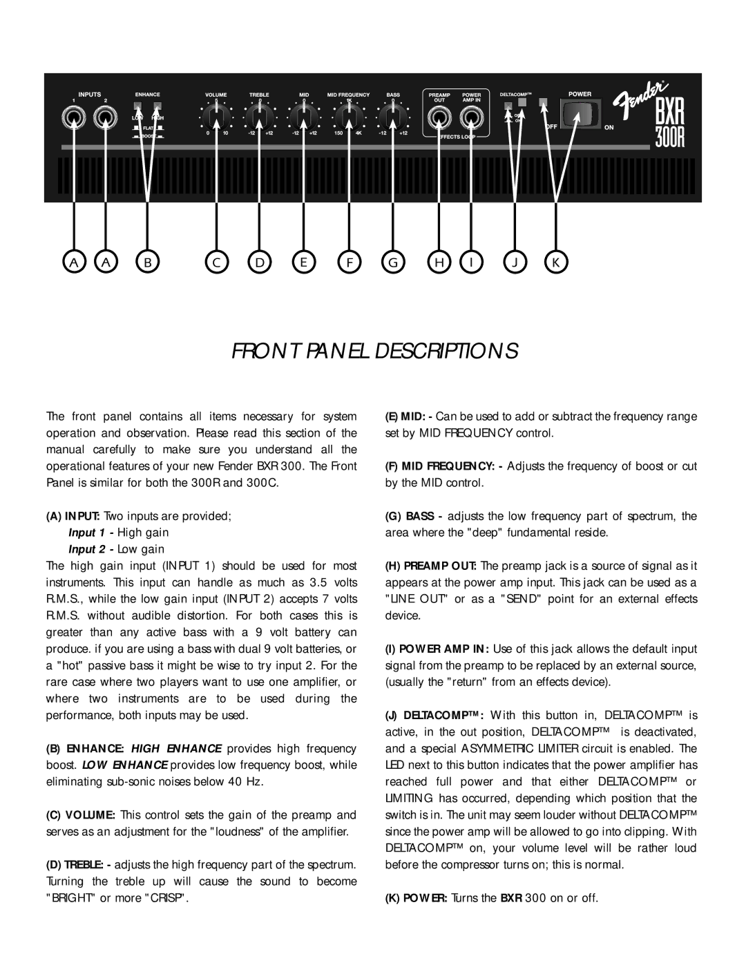 Fender BXR 300C, BXR 300R owner manual Front Panel Descriptions, Input 2 Low gain 