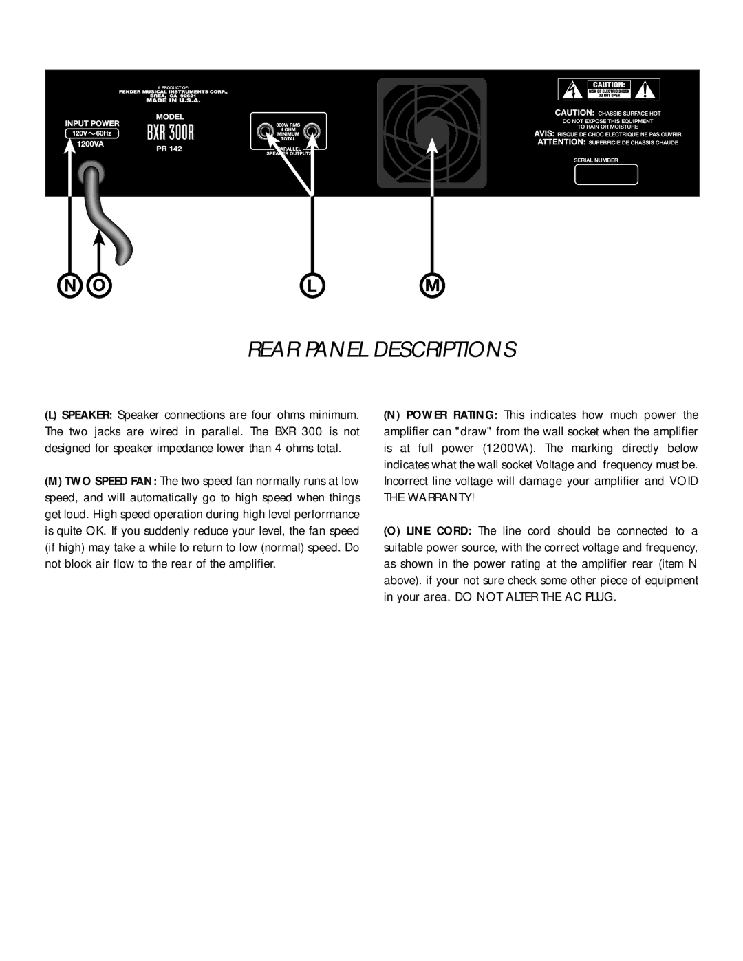 Fender BXR 300R, BXR 300C owner manual Rear Panel Descriptions 