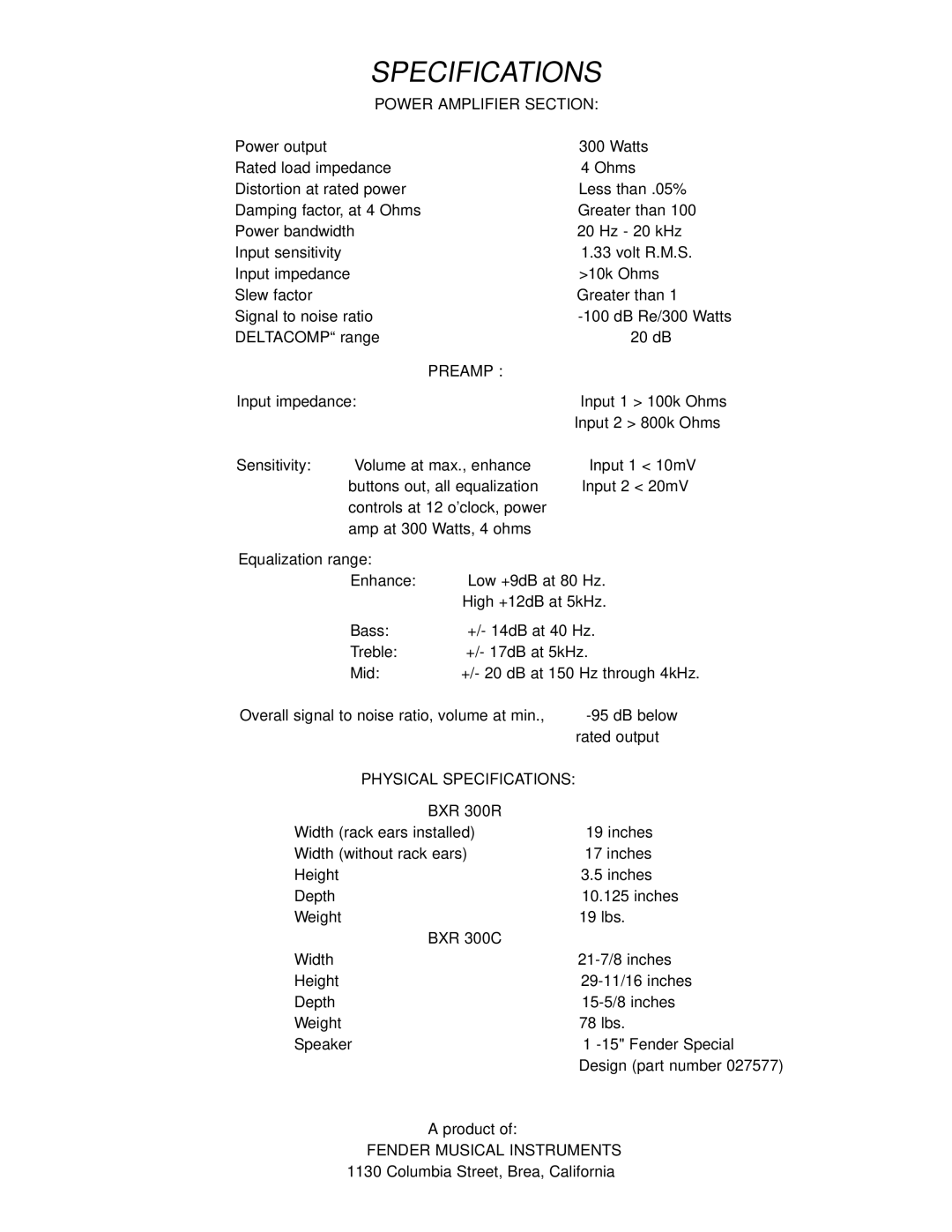 Fender BXR 300C, BXR 300R owner manual Specifications, Power Amplifier Section 