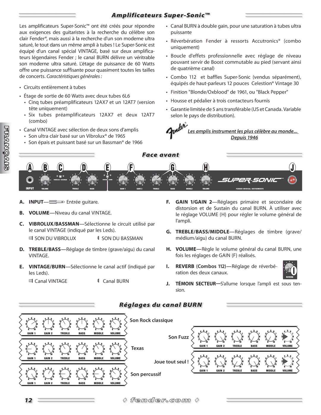 Fender Combo Amplifiers manual Amplificateurs Super-Sonic, Face avant, Réglages du canal Burn 